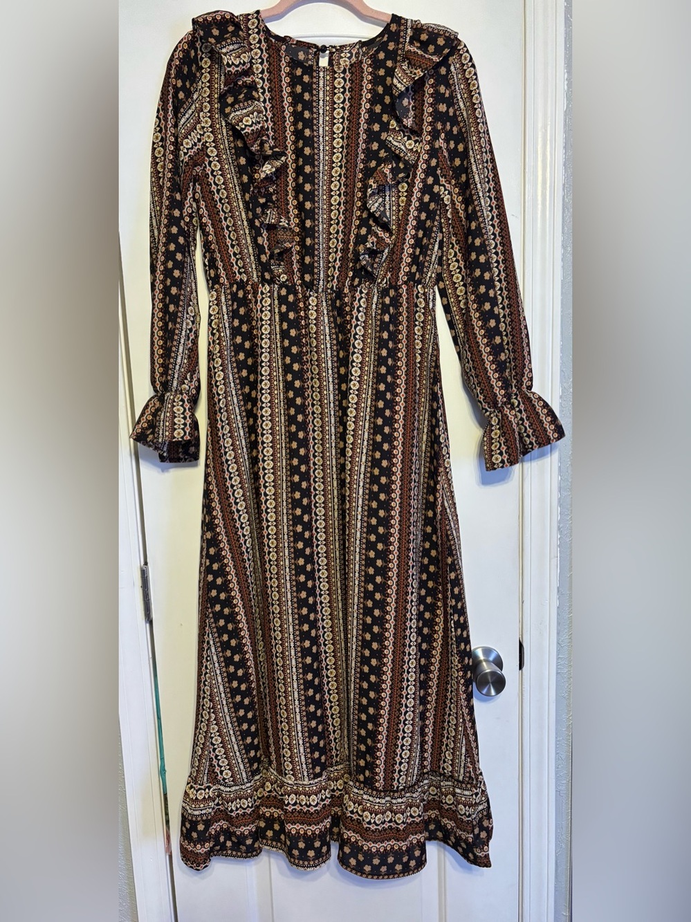 Bohemian Black Floral Stripe Long Sleeve Maxi Dress